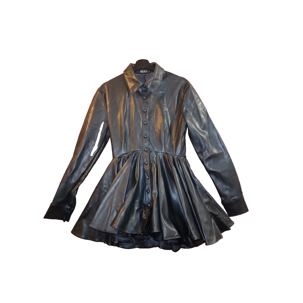 AKIRA Black Faux Leather Button Front Fit Flare Mini Dress Long Sleeve Size S